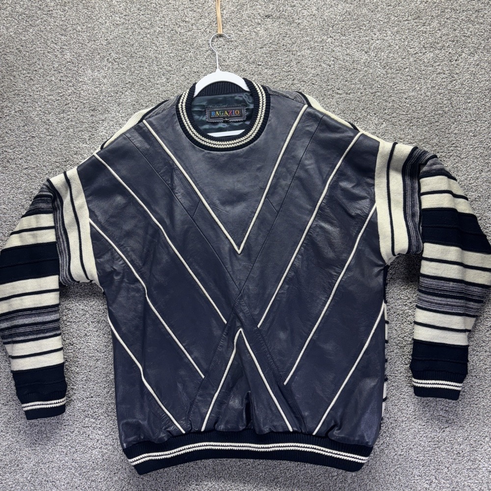 Bagazio‎ VTG 90s Large Real Leather Acrylic Knit Pullover Crew Sweater Geometric